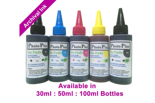 5 bottle set of PhotoPlus Archival ink Compatible with Canon printers Dye Ink, & Pigment Black - 30ml, 50ml & 100ml.