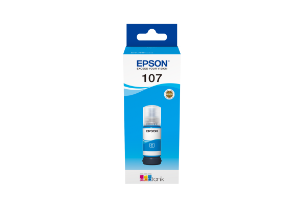 A 70ml Bottle of Epson 107 Series Cyan Ink for ET-18100 Printers.
