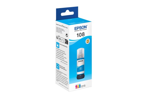 A 70ml Bottle of Epson 108 Series Cyan Ink for L8050, L18050 Printers.