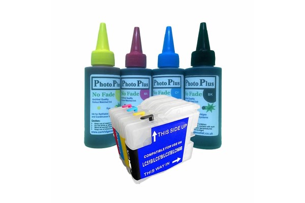 Brother Compatible LC970 LC1000 Refillable Cartridges with 400ml Archival Ink.