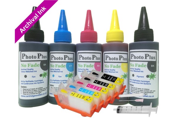 Refillable Cartridge Kit for Canon PGI-520-CLI-521, 5 x Cartridge Set with PhotoPlus Archival Ink.