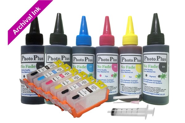 Refillable Cartridge Kit for Canon PGI-520-CLI-521, 6 x Cartridge Set with PhotoPlus Archival Ink.