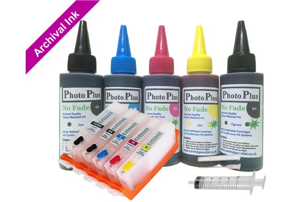 Refillable Cartridge Kit for Canon PGI-550-CLI-551, 5 x Cartridge Set with PhotoPlus Archival Ink - Ink Size Options