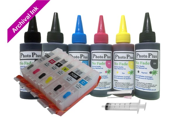 Refillable Cartridge Kit for Canon PGI-550-CLI-551, 6 x Cartridge Set with PhotoPlus Archival Ink - Ink Size Options