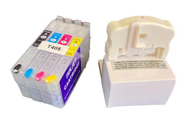 Refillable Cartridge Set Compatible with Epson 405 & 405XL, Suitcase Series Cartridges & Chip Resetter.